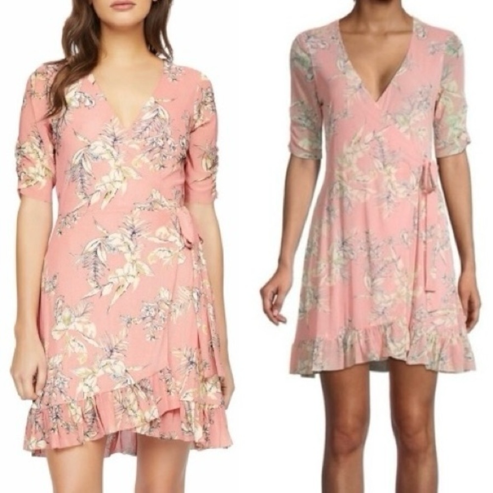 Anthropologie Sanctuary Tropical Floral Blush Pastel Pink Wrap Mini Dress Size L
